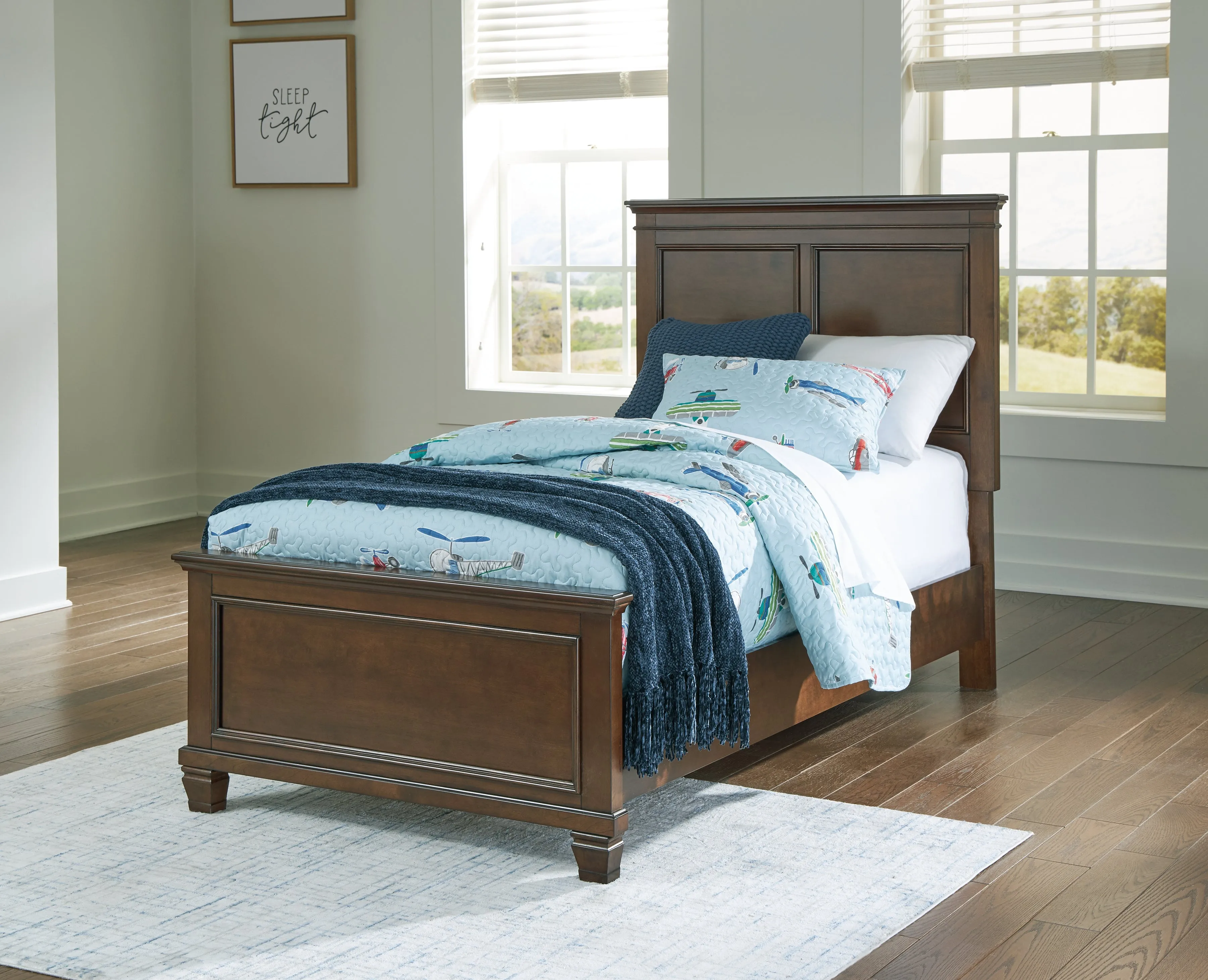 Danabrin Twin Panel Bed with Mirrored Dresser and Chest in Brown