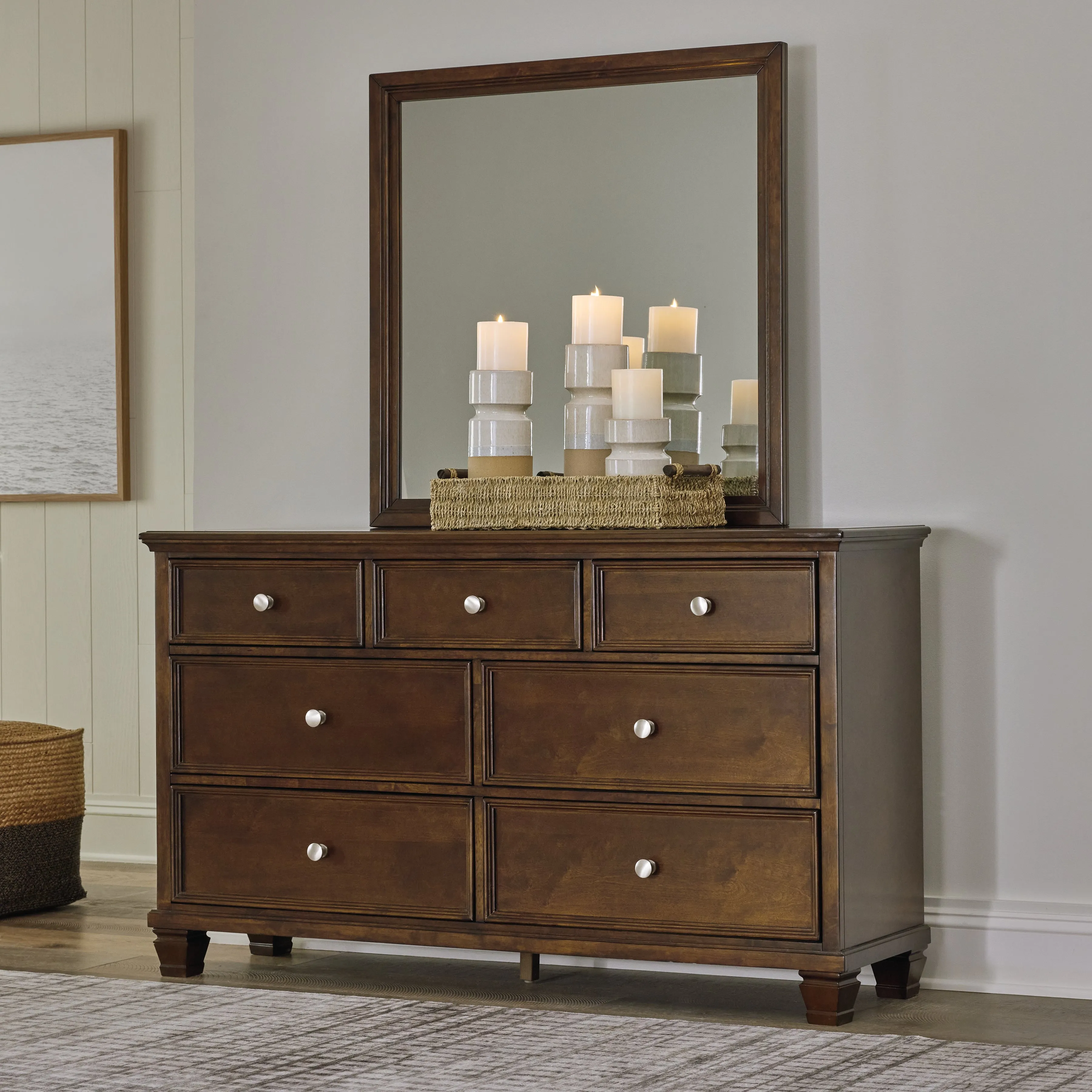 Danabrin Twin Panel Bed with Mirrored Dresser and Chest in Brown