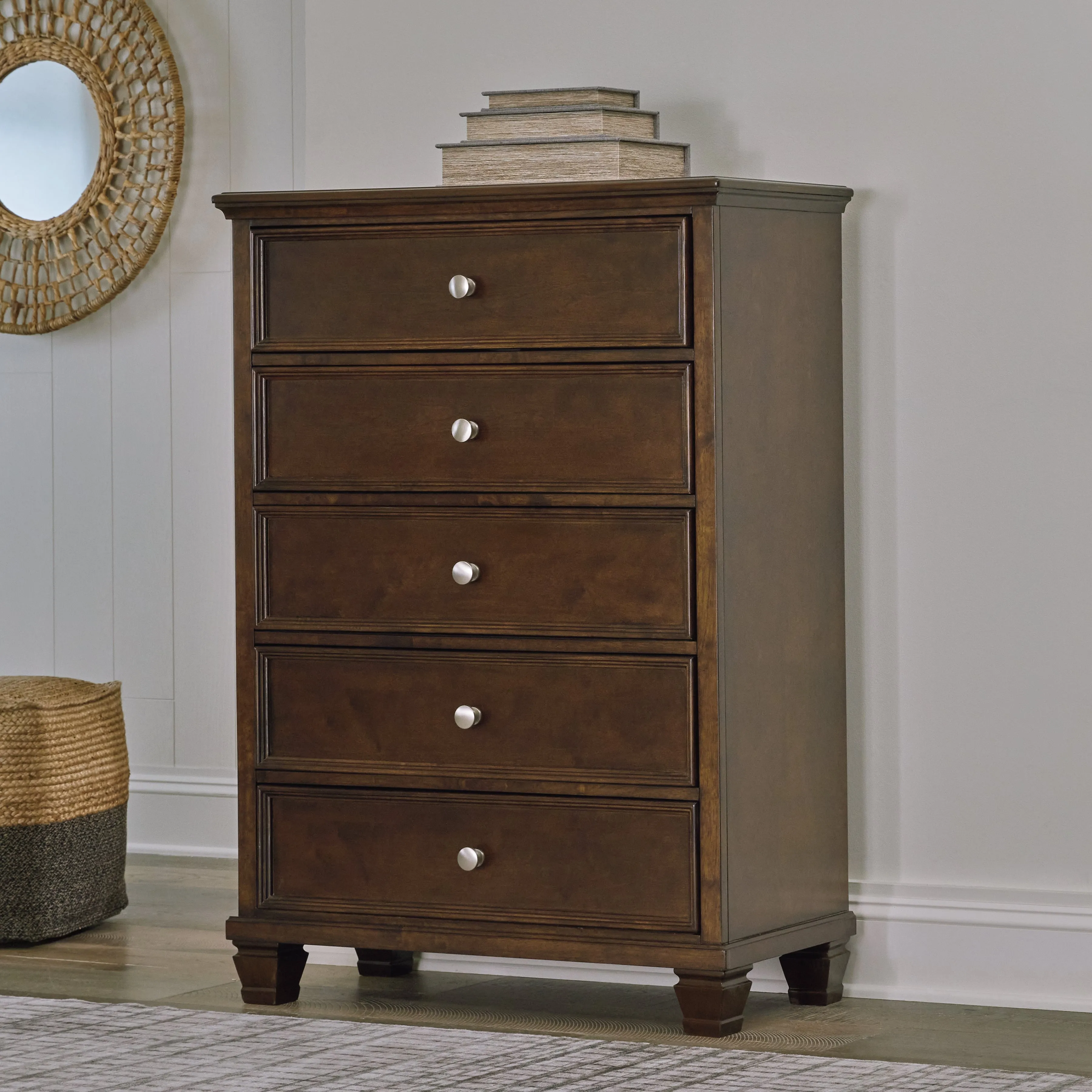 Danabrin Twin Panel Bed with Mirrored Dresser and Chest in Brown