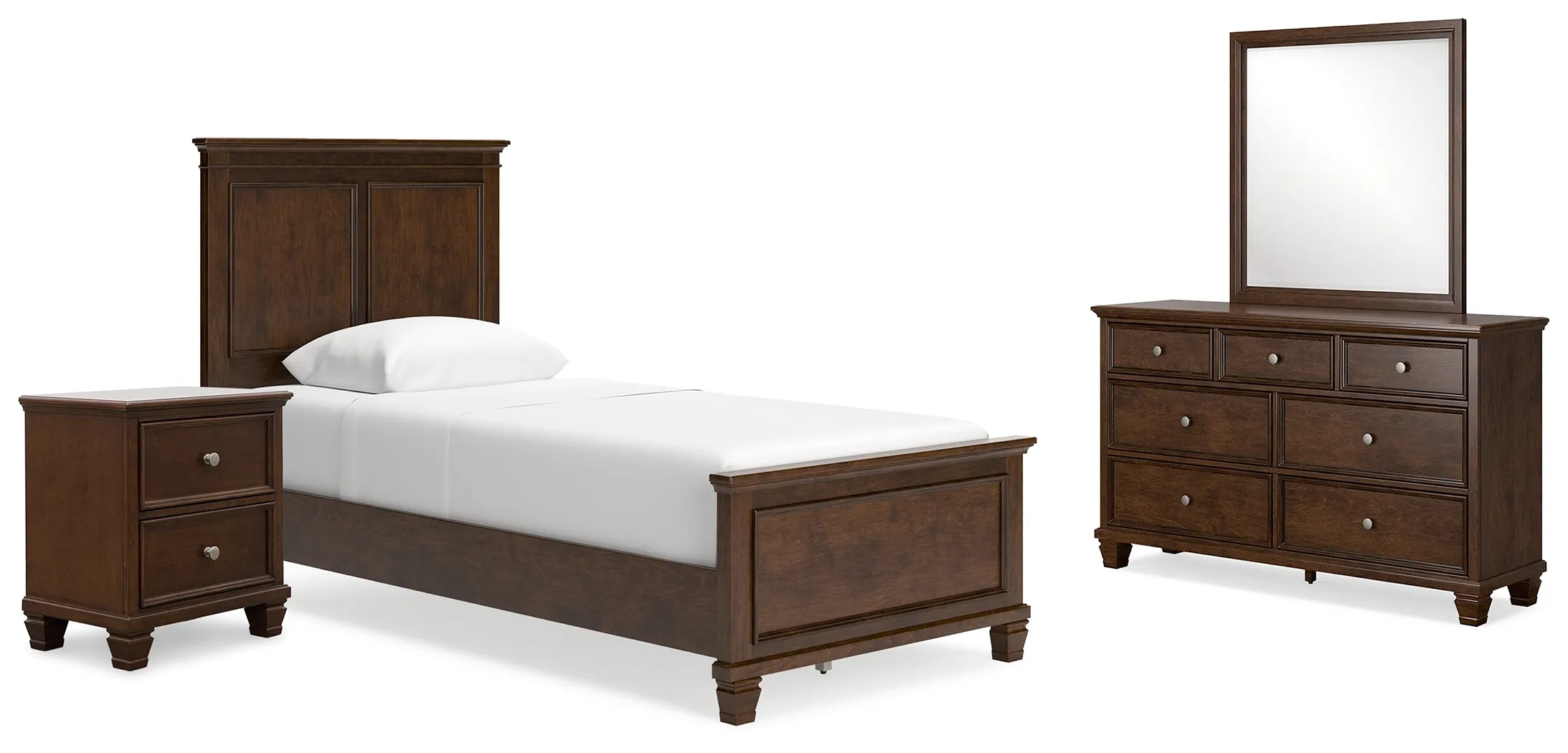 Danabrin Twin Panel Bed with Mirrored Dresser and Nightstand in Brown