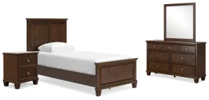 Danabrin Twin Panel Bed with Mirrored Dresser and Nightstand in Brown