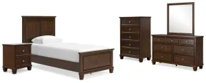 Danabrin Twin Panel Bed with Mirrored Dresser, Chest and Nightstand in Brown