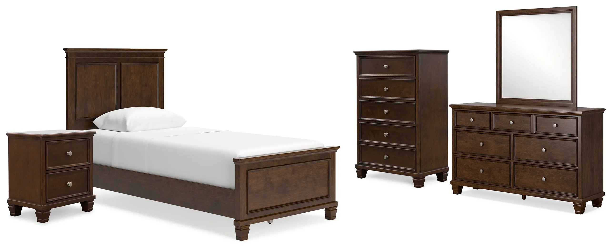 Danabrin Twin Panel Bed with Mirrored Dresser, Chest and Nightstand in Brown
