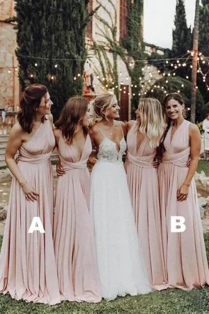 Elegant Light Pink Chiffon Floor Length Long Bridesmaid Dress