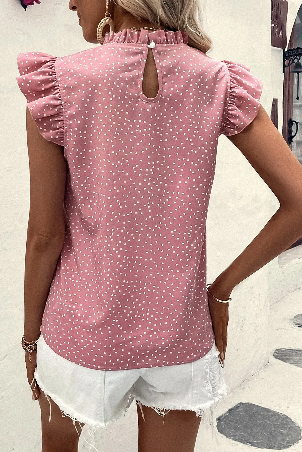 Flutter Sleeve Mock Neck Pink Top