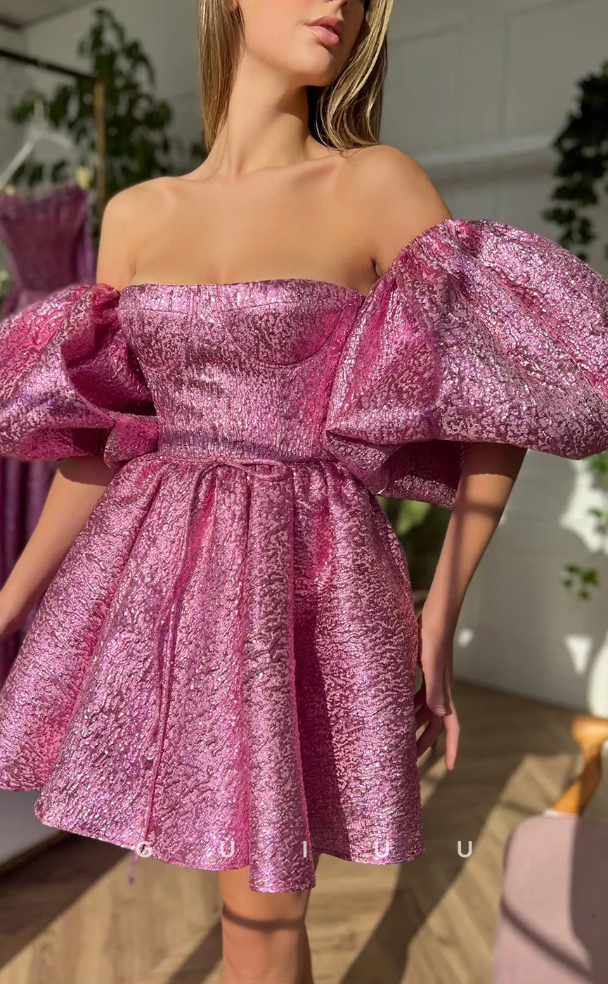 GH412 - A line Strapless Short Sleeves Pink Cute Homecoming Dress