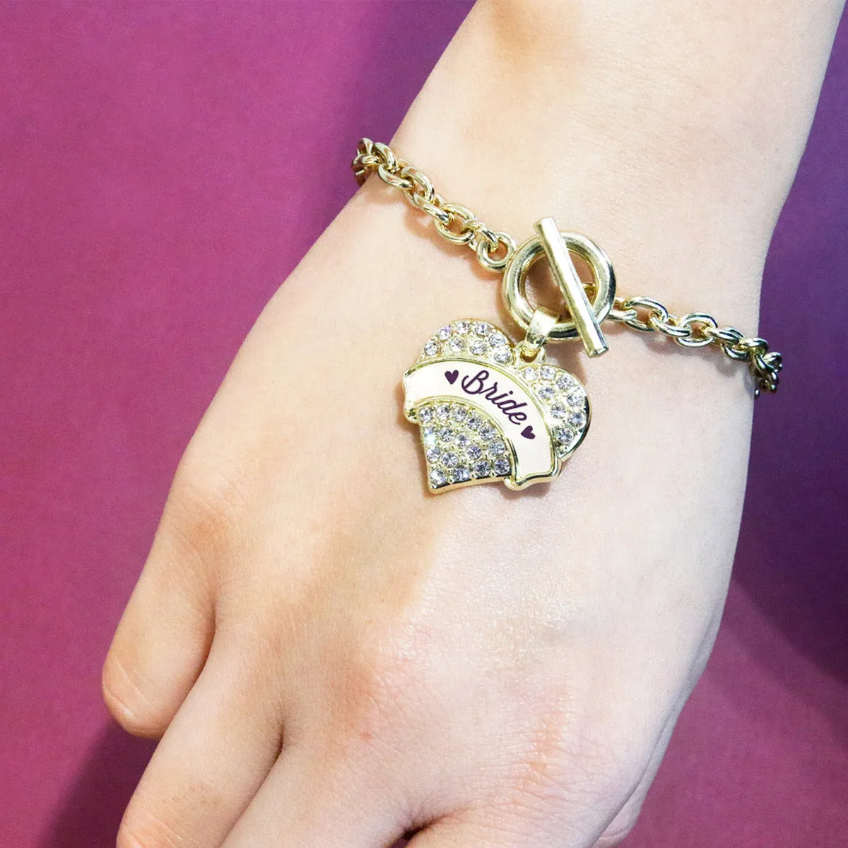 Gold Plum Bride Pave Heart Charm Toggle Bracelet