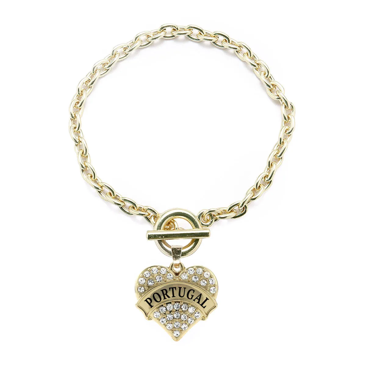 Gold Portugal Pave Heart Charm Toggle Bracelet