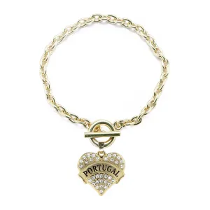 Gold Portugal Pave Heart Charm Toggle Bracelet