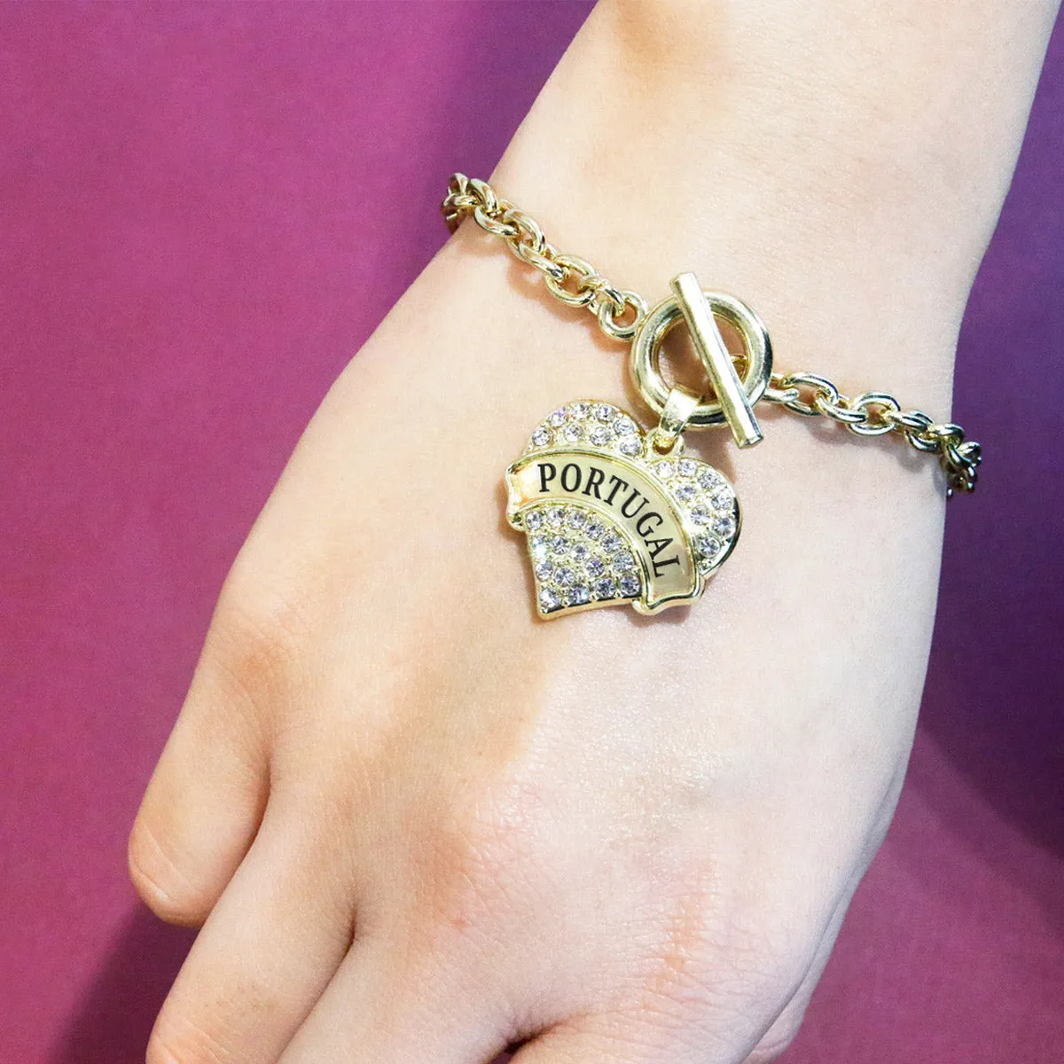 Gold Portugal Pave Heart Charm Toggle Bracelet