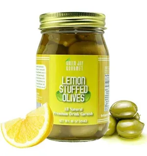 Green Jay Gourmet Lemon Stuffed Olives – Stuffed Green Olives for Cocktail Garnish & Cheese Board Recipes – Dirty Martini Olives & Cocktail Olives – Gourmet Olives – All Natural – Large – 16 Ounces