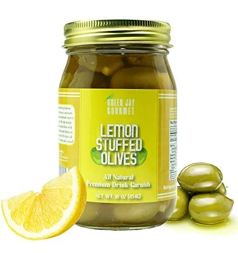 Green Jay Gourmet Lemon Stuffed Olives – Stuffed Green Olives for Cocktail Garnish & Cheese Board Recipes – Dirty Martini Olives & Cocktail Olives – Gourmet Olives – All Natural – Large – 16 Ounces