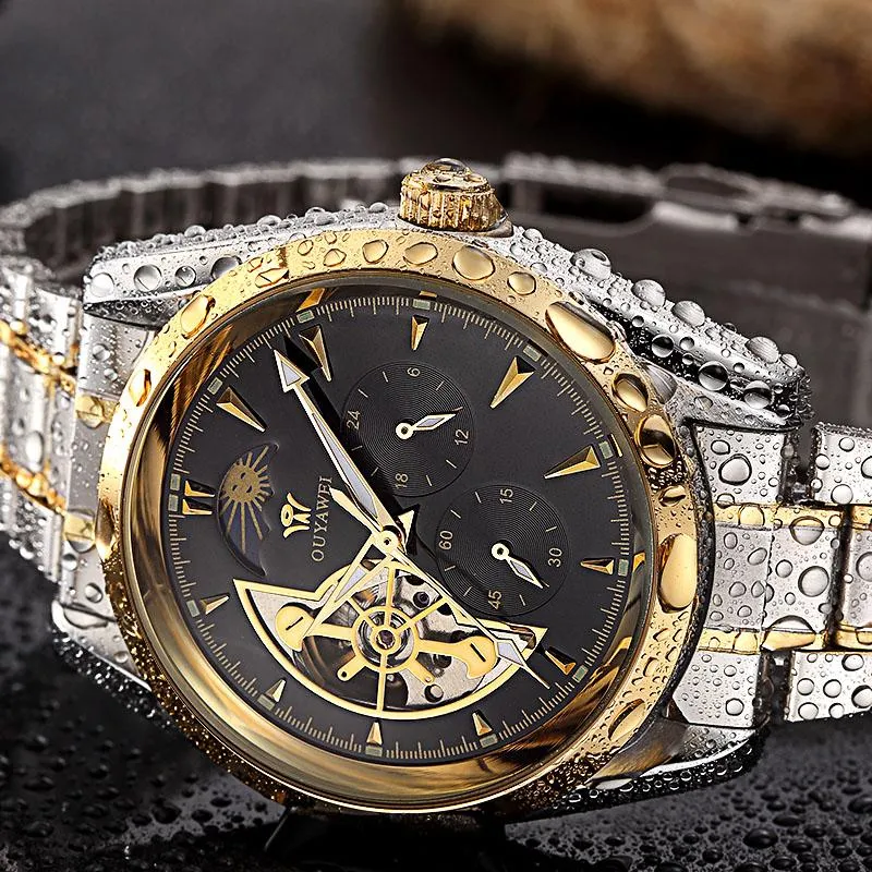 Luxury Gold Mechanical Skeleton Onyx Watch
