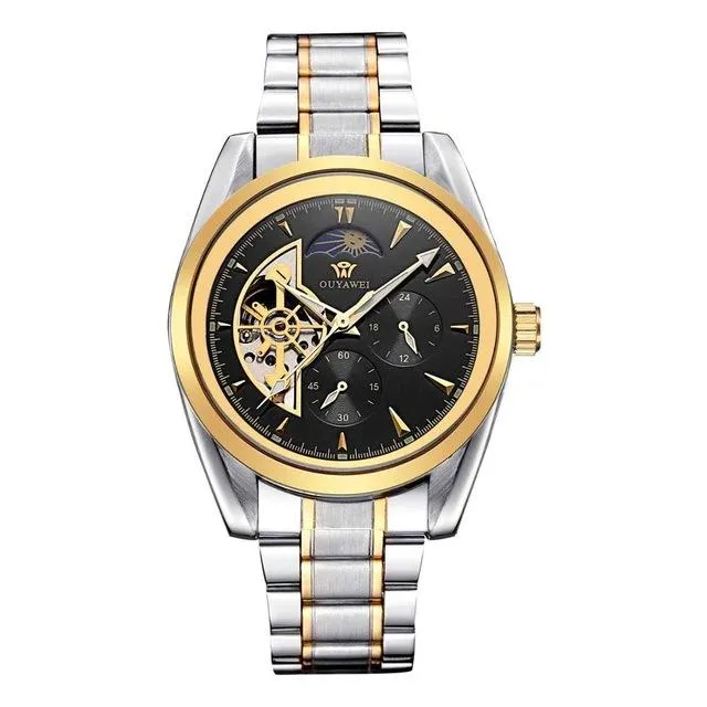 Luxury Gold Mechanical Skeleton Onyx Watch