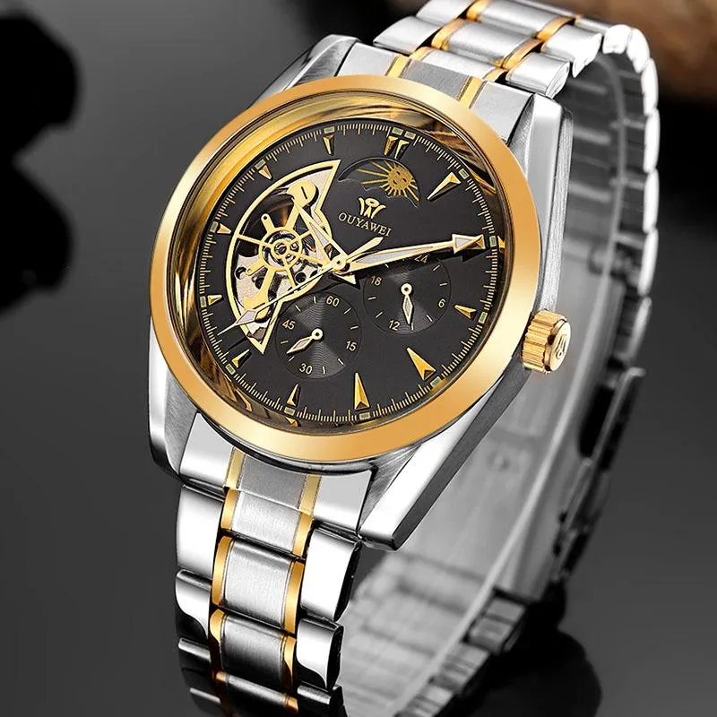 Luxury Gold Mechanical Skeleton Onyx Watch