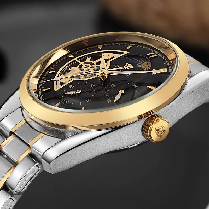 Luxury Gold Mechanical Skeleton Onyx Watch