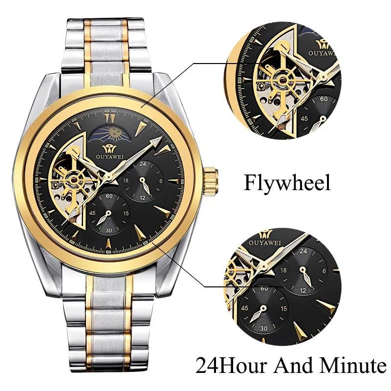 Luxury Gold Mechanical Skeleton Onyx Watch