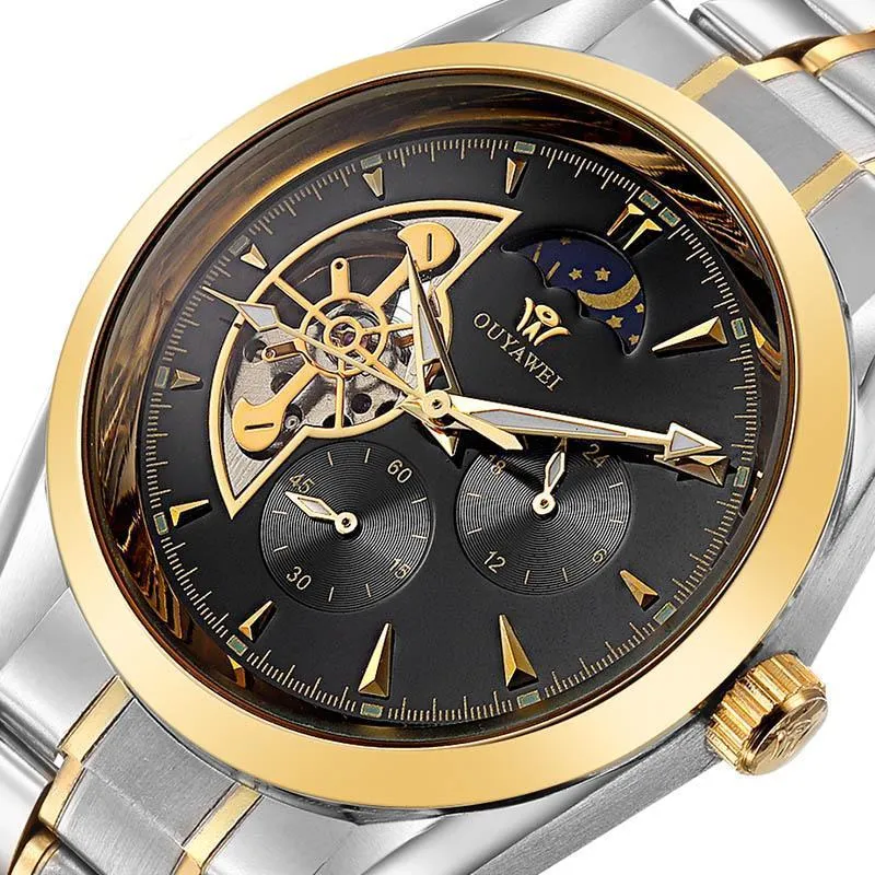 Luxury Gold Mechanical Skeleton Onyx Watch