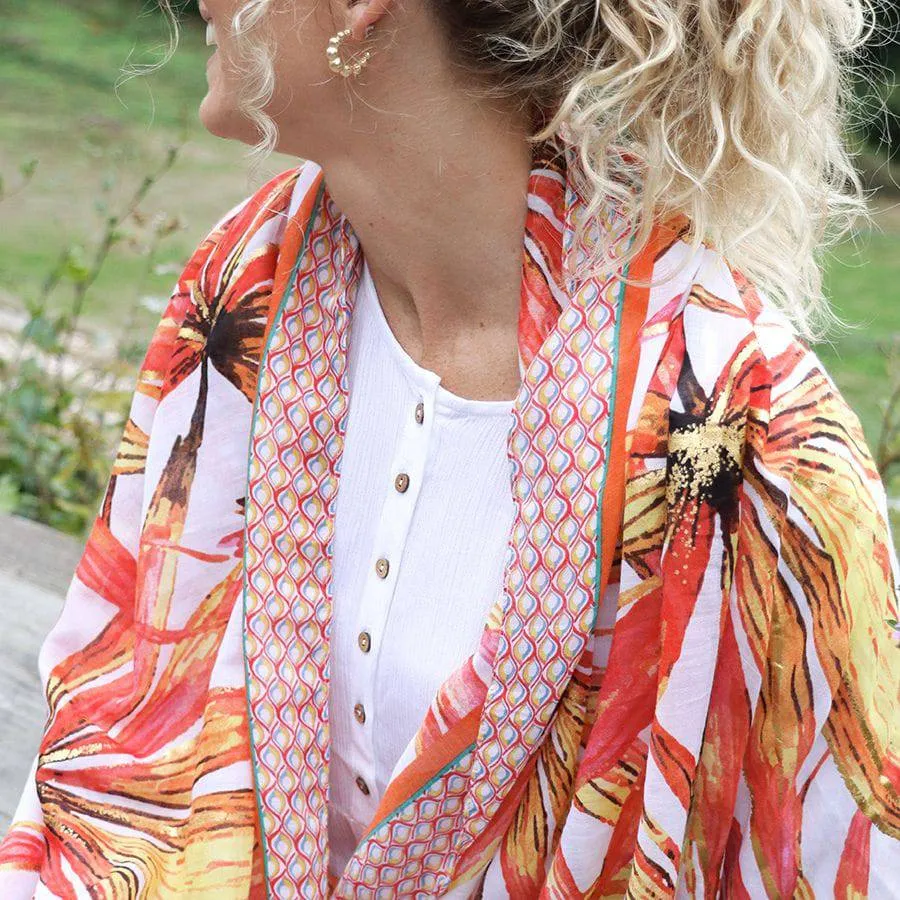Pom Burnt Orange Mix Tropical Flower Scarf With Spot Border And Foil Detail
