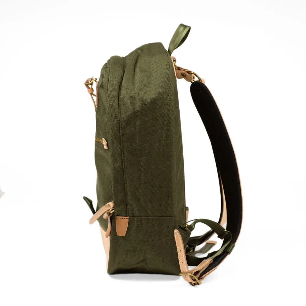 "Surpass" backpack, olive green Cordura and natural leather