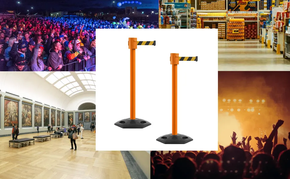 Retractable Belt Barrier Stanchion, Rubber Base, Orange Post, 35 ft Belt - Montour Line MSR760