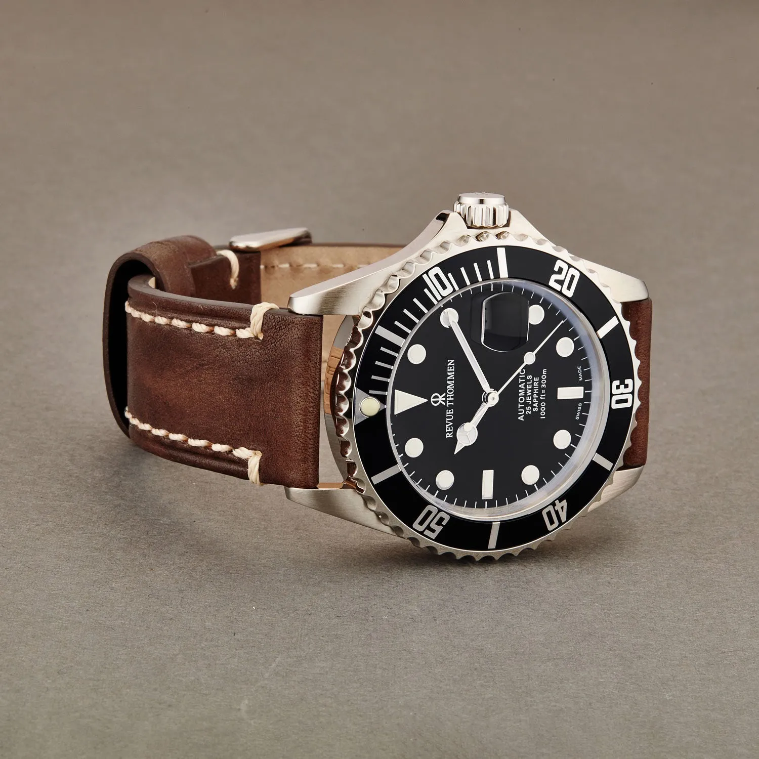 Revue Thommen Men's 17571.2537 'Diver' Black Dial Brown Suede Leather Strap Swiss Automatic Watch