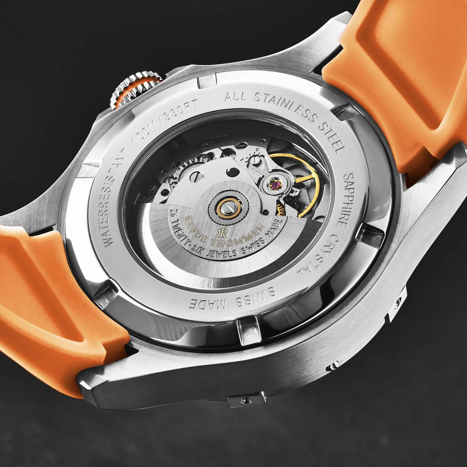 Revue Thommen Men's 'Air speed' Black Dial Orange Rubber Strap Automatic Watch 16070.4639