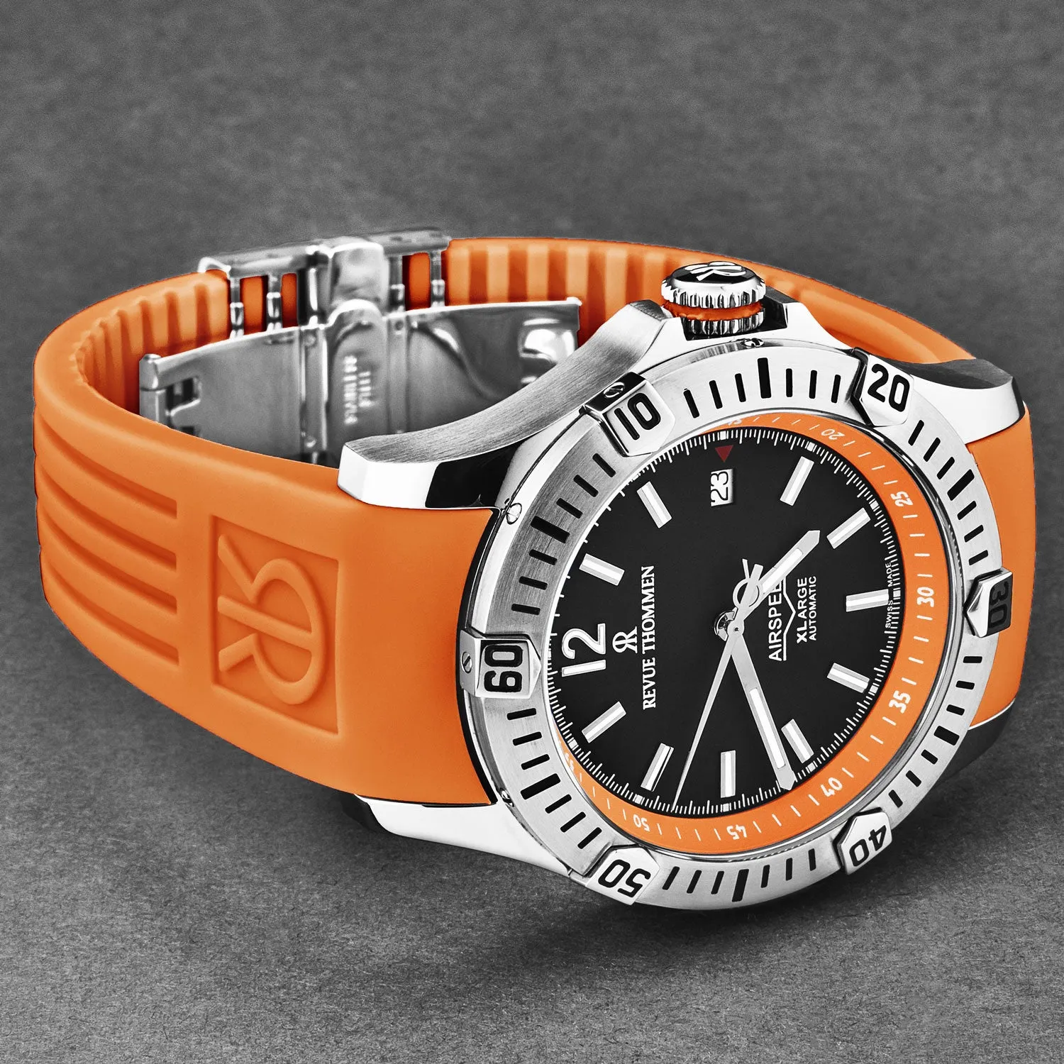 Revue Thommen Men's 'Air speed' Black Dial Orange Rubber Strap Automatic Watch 16070.4639