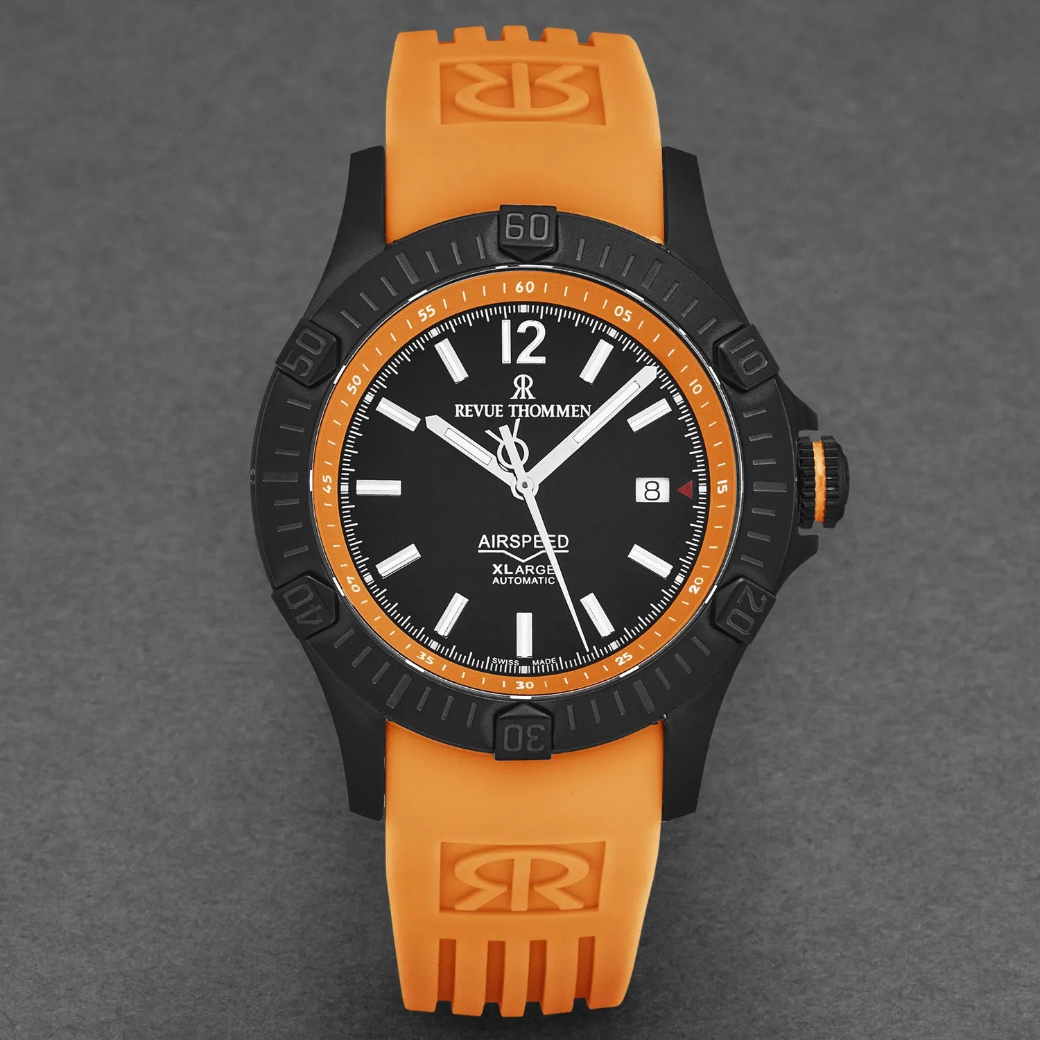 Revue Thommen Men's 'Air speed' Black Dial Orange  Rubber Strap Automatic Watch 16070.4679