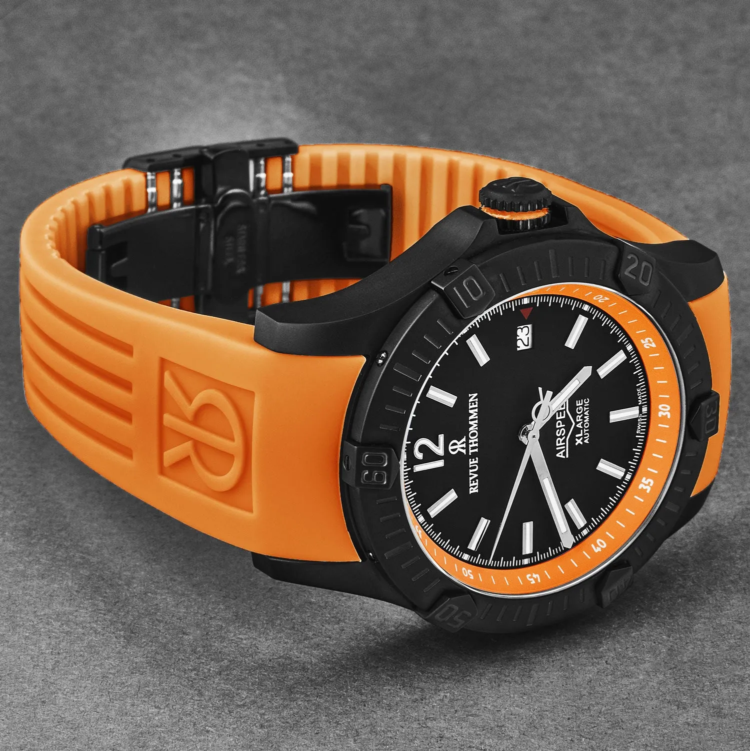 Revue Thommen Men's 'Air speed' Black Dial Orange  Rubber Strap Automatic Watch 16070.4679