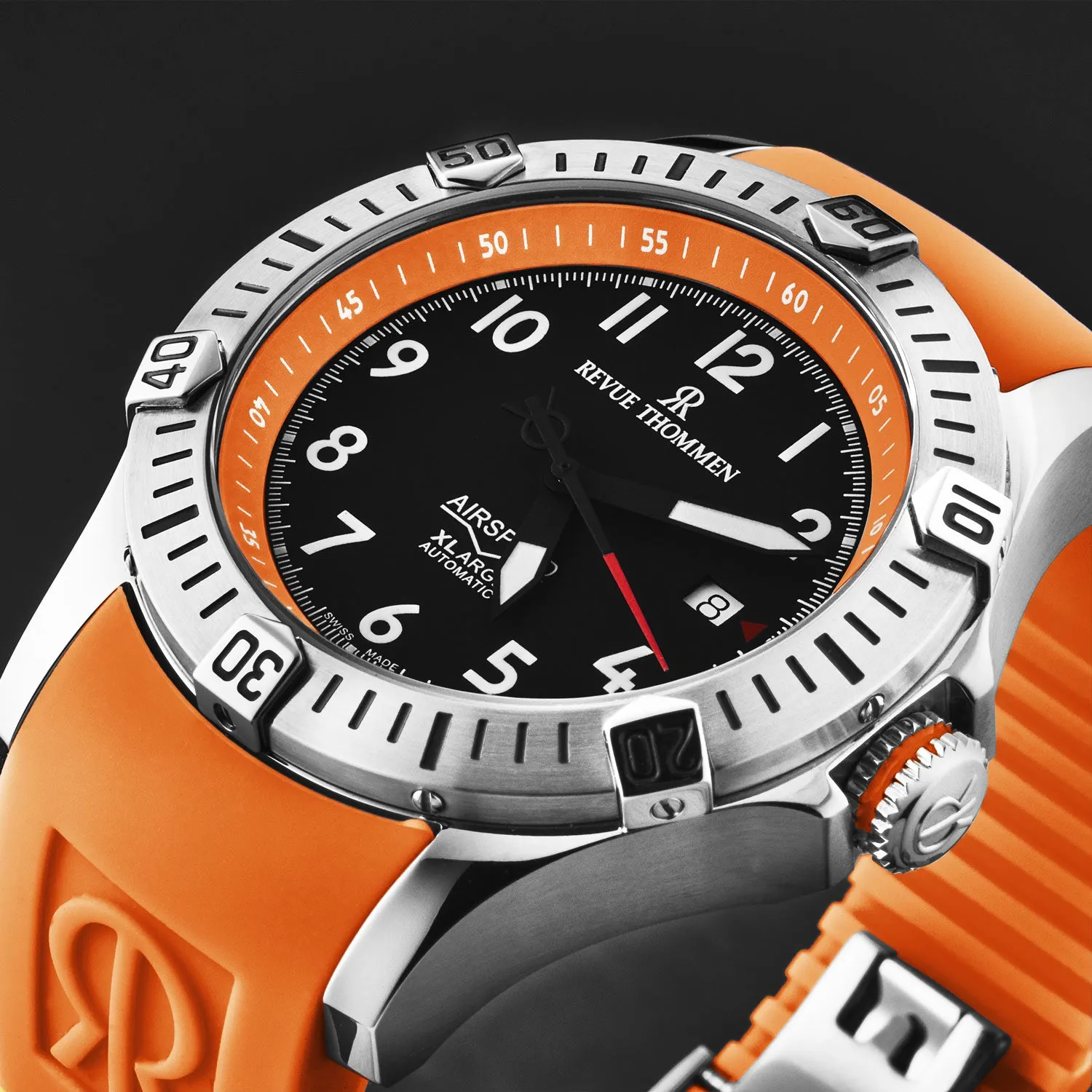 Revue Thommen Men's 'Air speed' Black Dial Orange Rubber Strap Automatic Watch 16070.4739