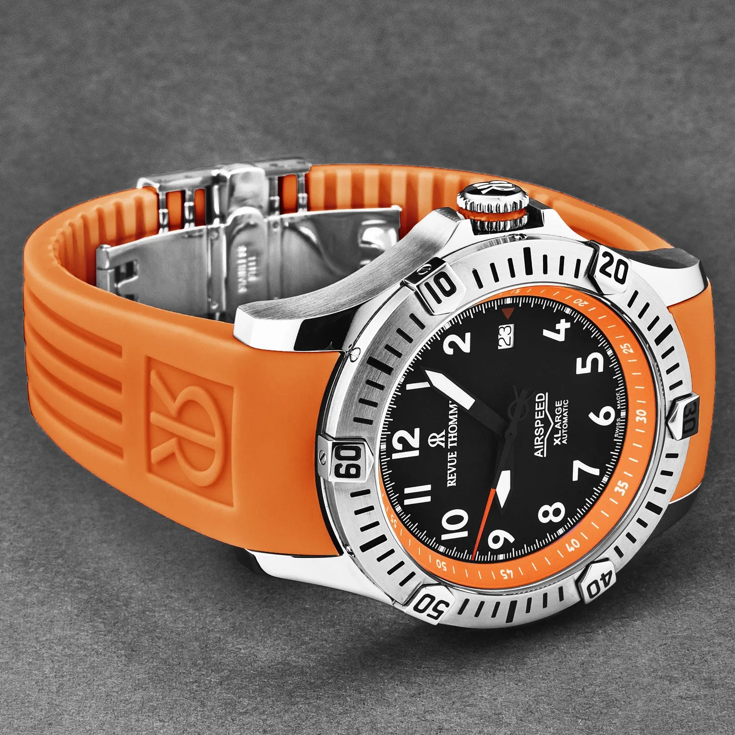 Revue Thommen Men's 'Air speed' Black Dial Orange Rubber Strap Automatic Watch 16070.4739