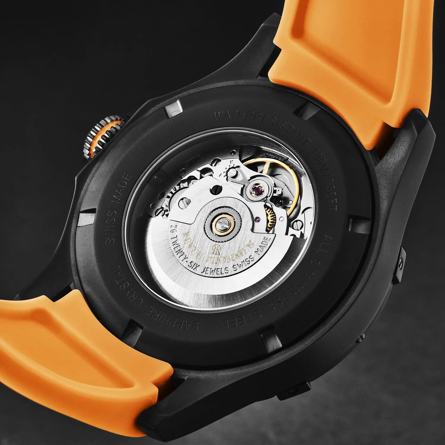 Revue Thommen Men's 'Air speed' Black Dial Orange Rubber Strap Automatic Watch 16070.4779