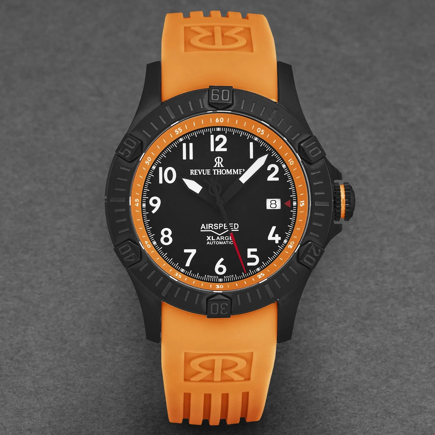 Revue Thommen Men's 'Air speed' Black Dial Orange Rubber Strap Automatic Watch 16070.4779