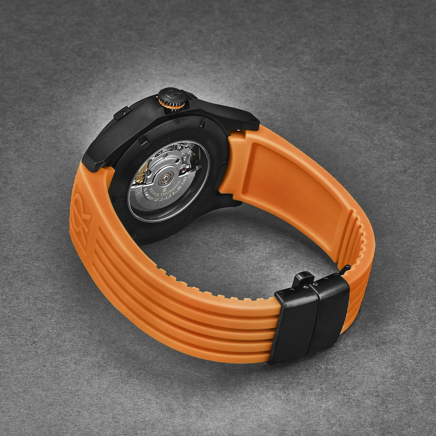 Revue Thommen Men's 'Air speed' Black Dial Orange Rubber Strap Automatic Watch 16070.4779