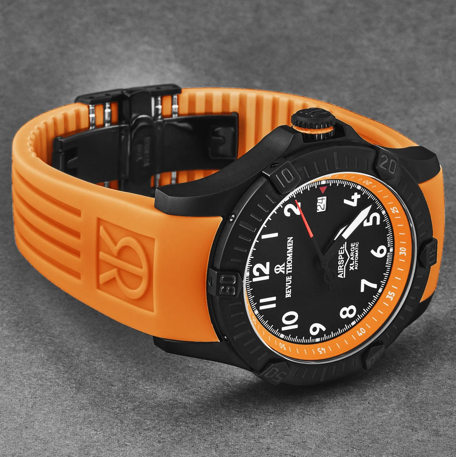 Revue Thommen Men's 'Air speed' Black Dial Orange Rubber Strap Automatic Watch 16070.4779