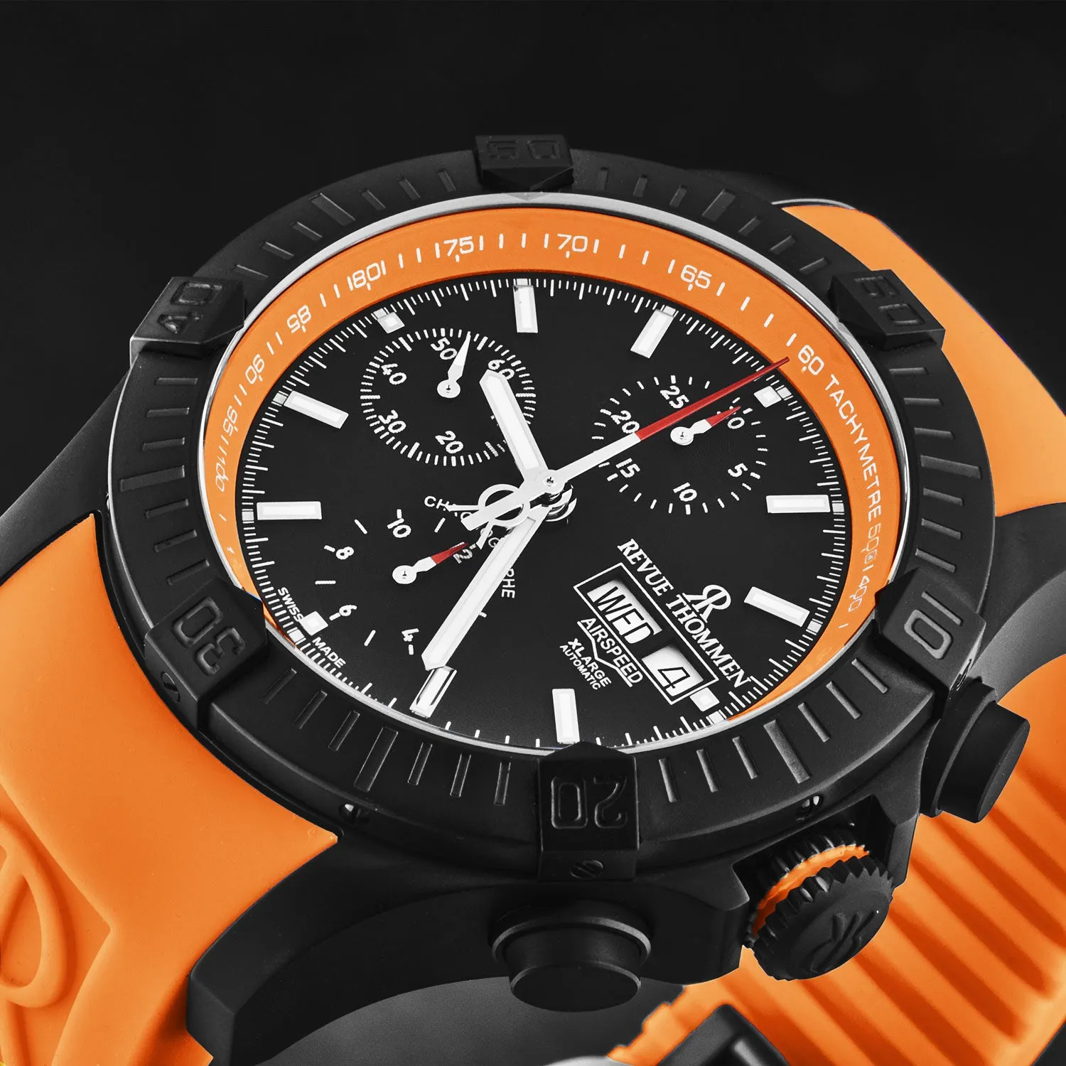 Revue Thommen Men's 'Air speed' Black Dial Orange Rubber Strap Automatic Watch 16071.6679