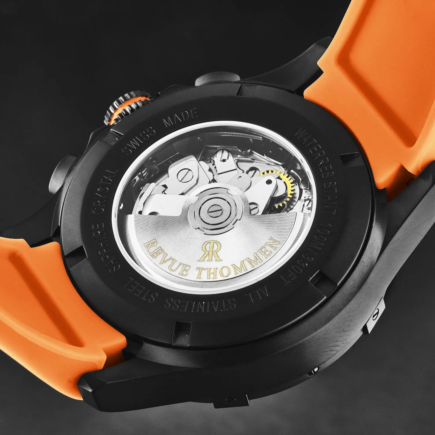 Revue Thommen Men's 'Air speed' Black Dial Orange Rubber Strap Automatic Watch 16071.6679