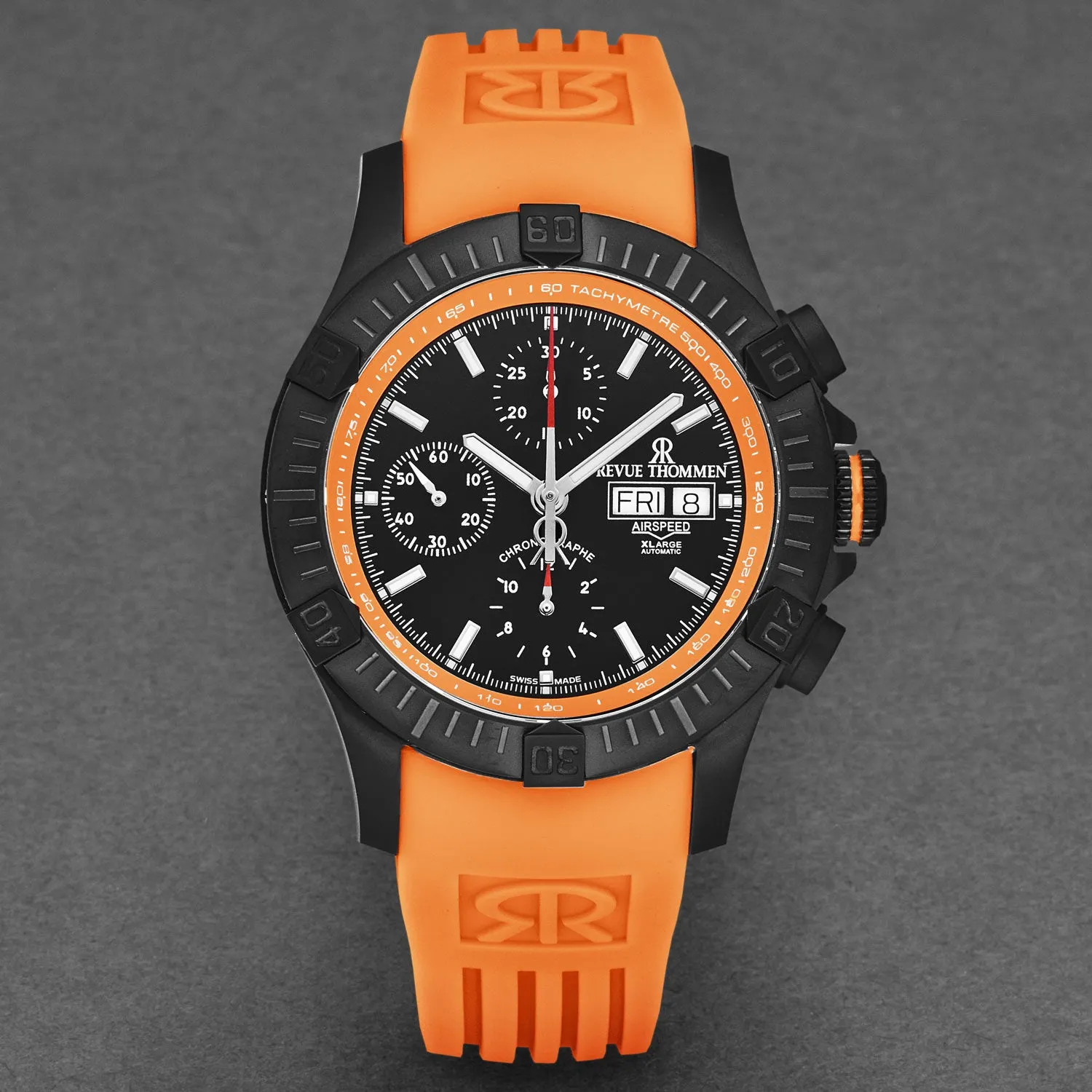 Revue Thommen Men's 'Air speed' Black Dial Orange Rubber Strap Automatic Watch 16071.6679