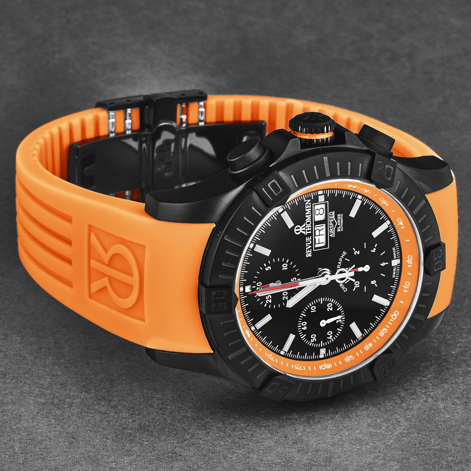 Revue Thommen Men's 'Air speed' Black Dial Orange Rubber Strap Automatic Watch 16071.6679