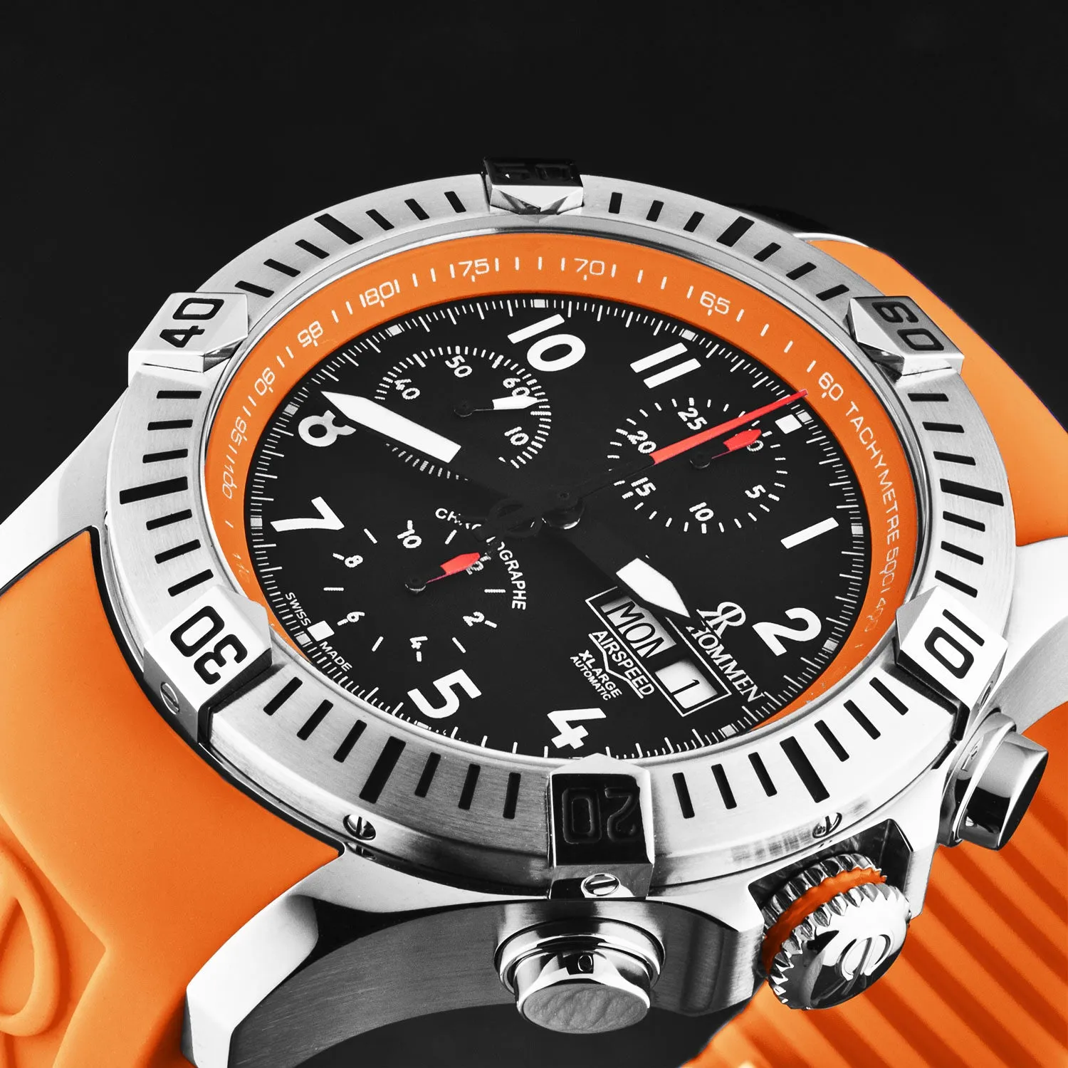 Revue Thommen Men's 'Air speed' Black Dial Orange Rubber Strap Automatic Watch 16071.6739