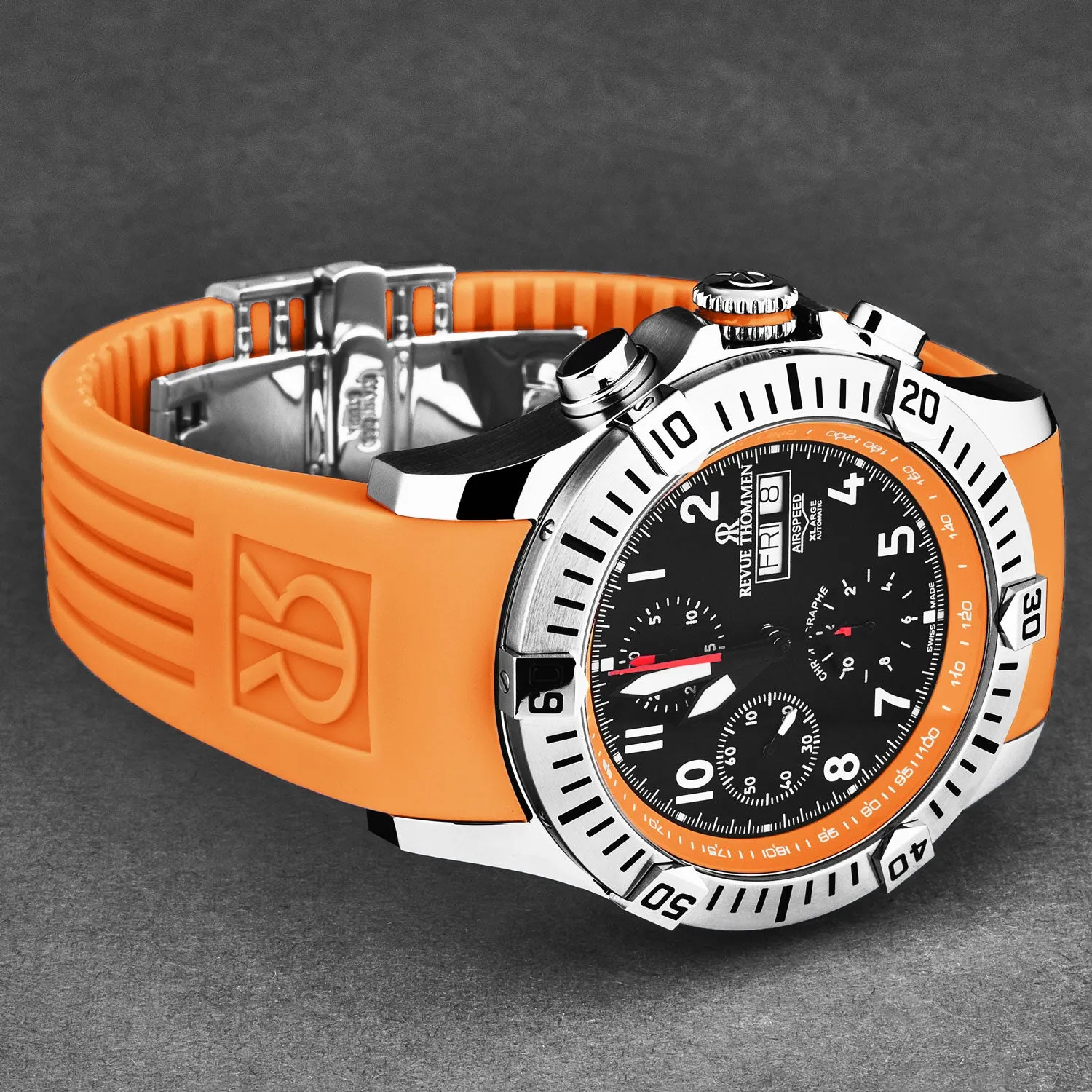 Revue Thommen Men's 'Air speed' Black Dial Orange Rubber Strap Automatic Watch 16071.6739