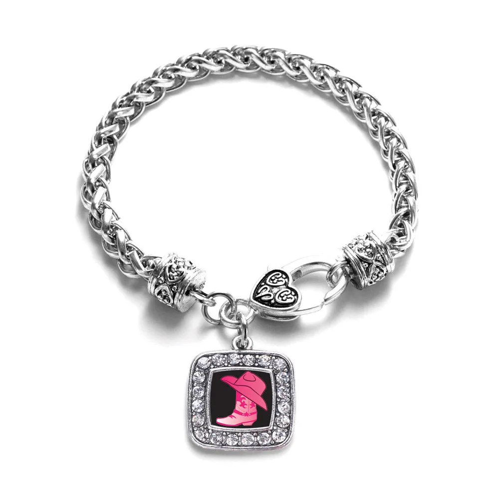 Silver Cowgirl Boot Square Charm Braided Bracelet