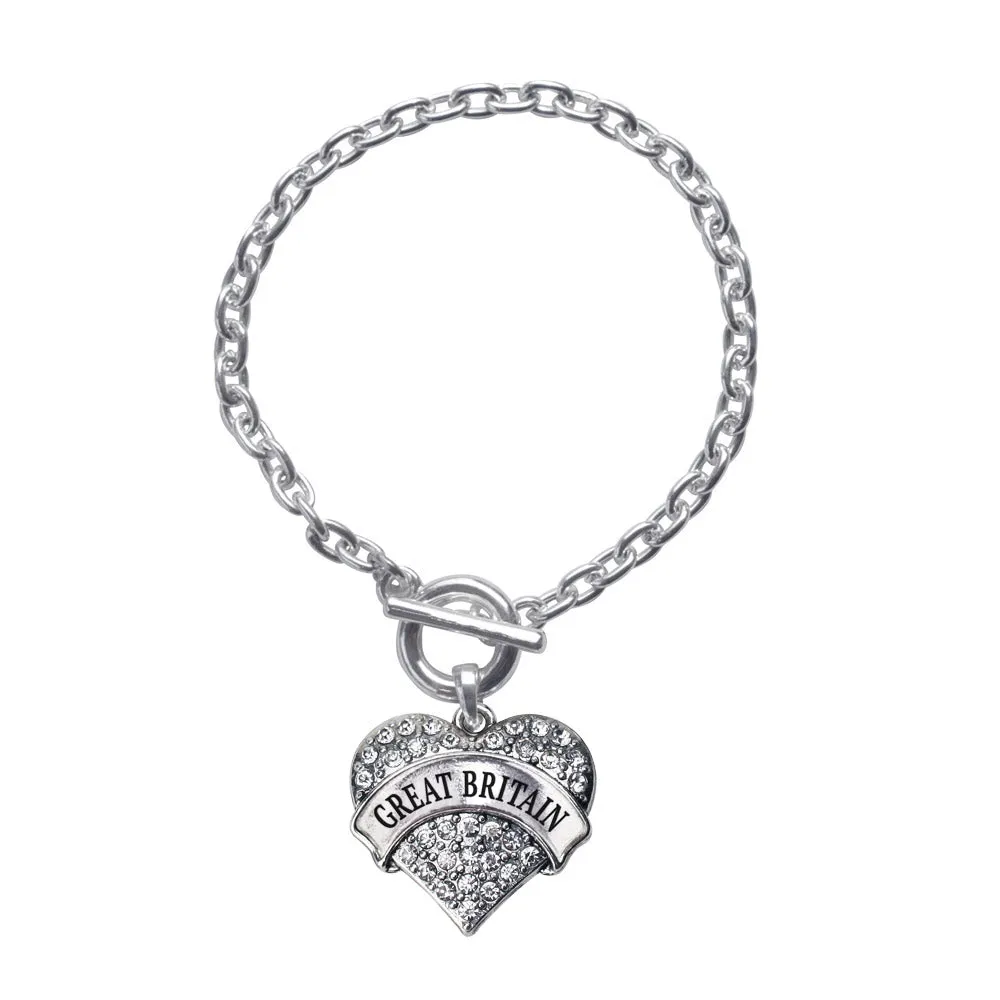 Silver Great Britain Pave Heart Charm Toggle Bracelet