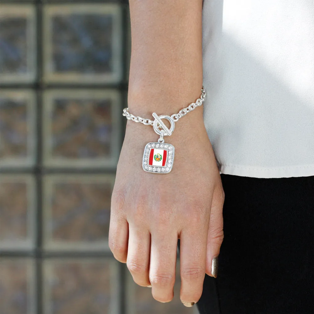 Silver Peru Flag Square Charm Toggle Bracelet
