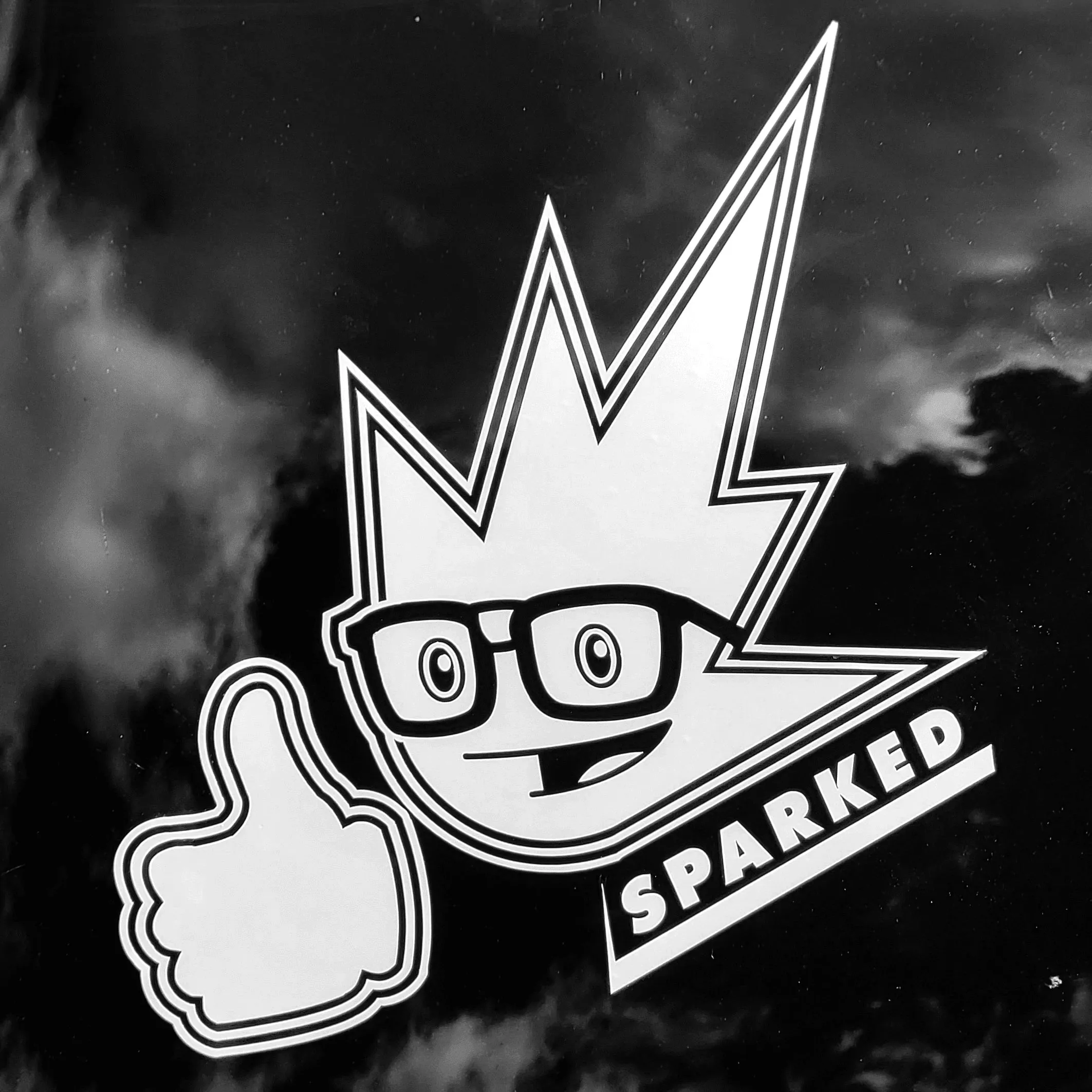 Sparked Innovations white vinyl transfer sticker decal Sparky logo