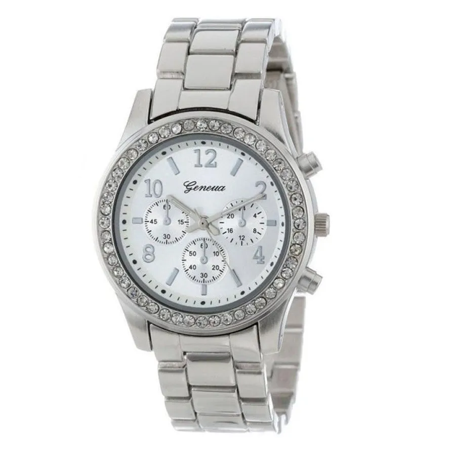 Willby Women Silver Geneva Faux Chronograph Classic Round Ladies Crystals Quart Wrist Watch 161213 Drop Shipping