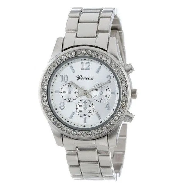 Willby Women Silver Geneva Faux Chronograph Classic Round Ladies Crystals Quart Wrist Watch 161213 Drop Shipping